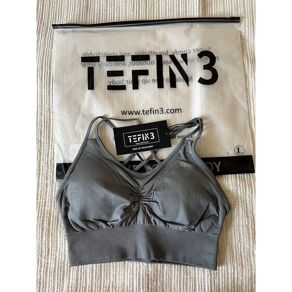 TEFIN 3 Comfy Seamless Strappy Sports Bra Gray. Size Large
